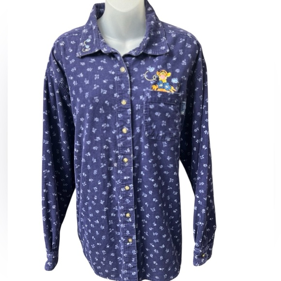 Vintage Tigger Corduroy Floral Shirt Blue Disney Pooh Button Embroidered XL - Picture 1 of 8